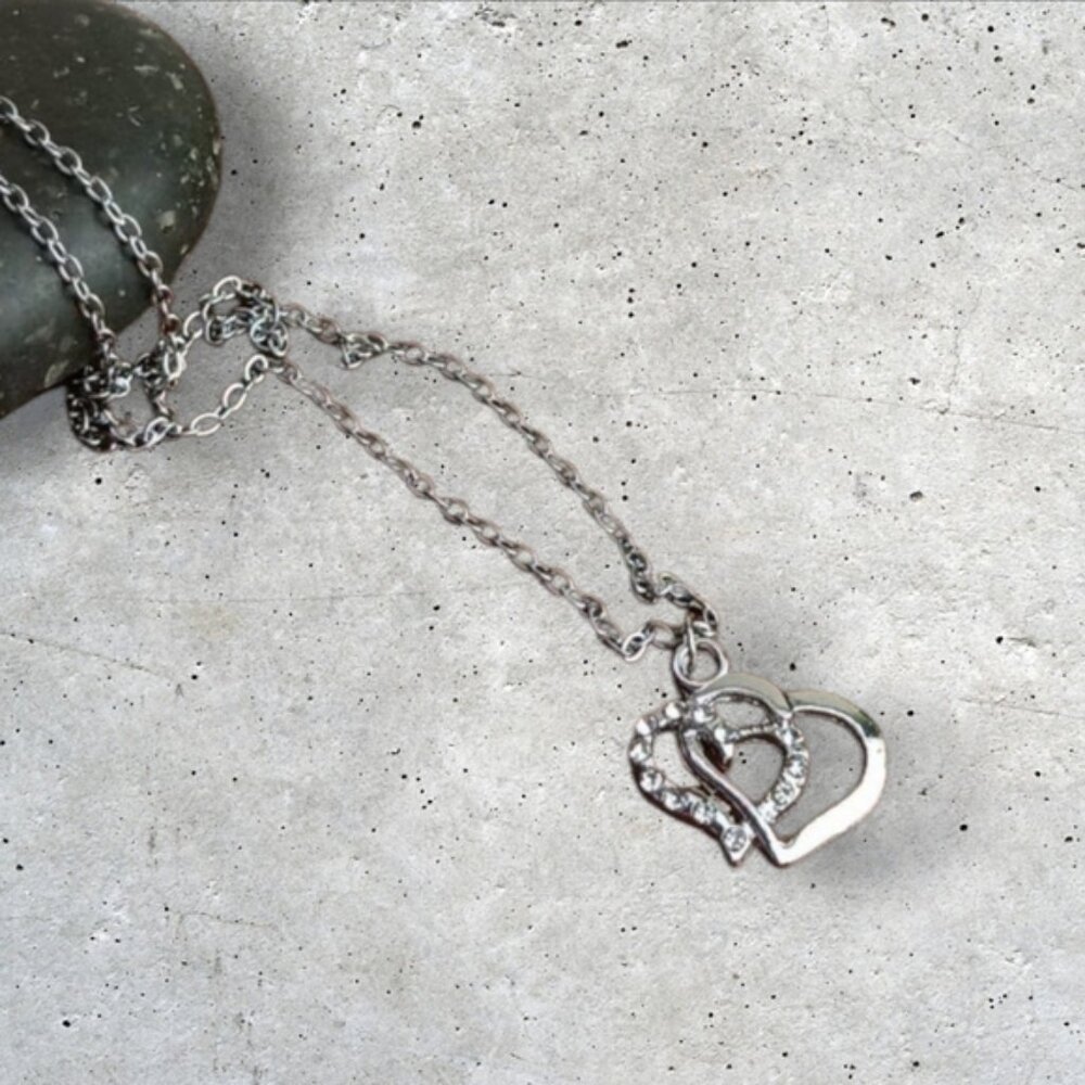 Rhinestone Double Heart Charm Stainless Steel Chain Necklace